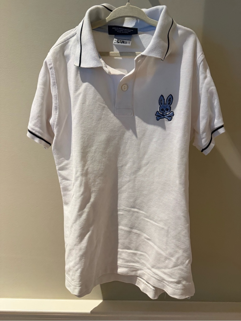 Kids White Polo Shirt with Blue Bunny Crest